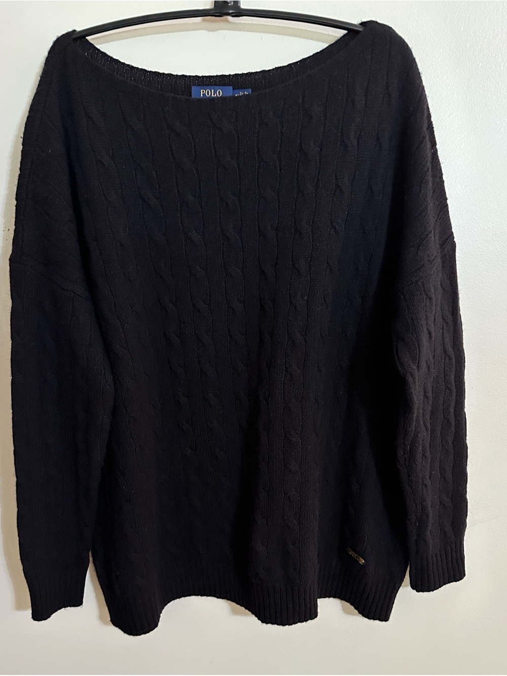 Polo by Ralph Lauren Black Boat Neck Cable-Knit Sweater with Raglan Sleeves
